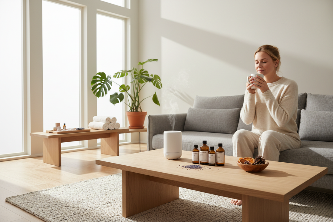 Afslappende stue med æteriske olier anvendelse, diffuser og wellness-inspireret indretning
