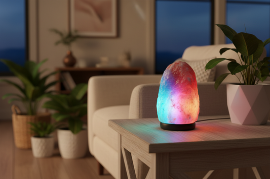 USB saltlampe multifarvet skaber hyggelig stemning og wellness i moderne stueindretning