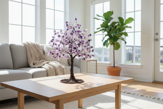 Ametyst ædelstenstræ dekorativt placeret på stuebord for spirituel og stilfuld indretning