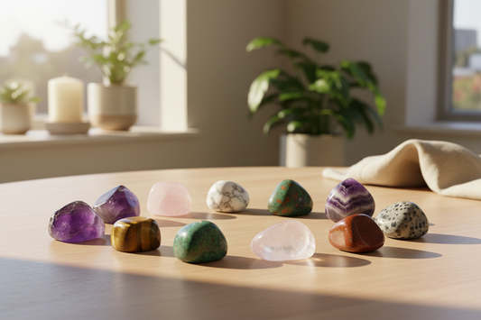 Forskellige helende krystaller på et bord i sollys, ideel til indretning og spirituel velvære