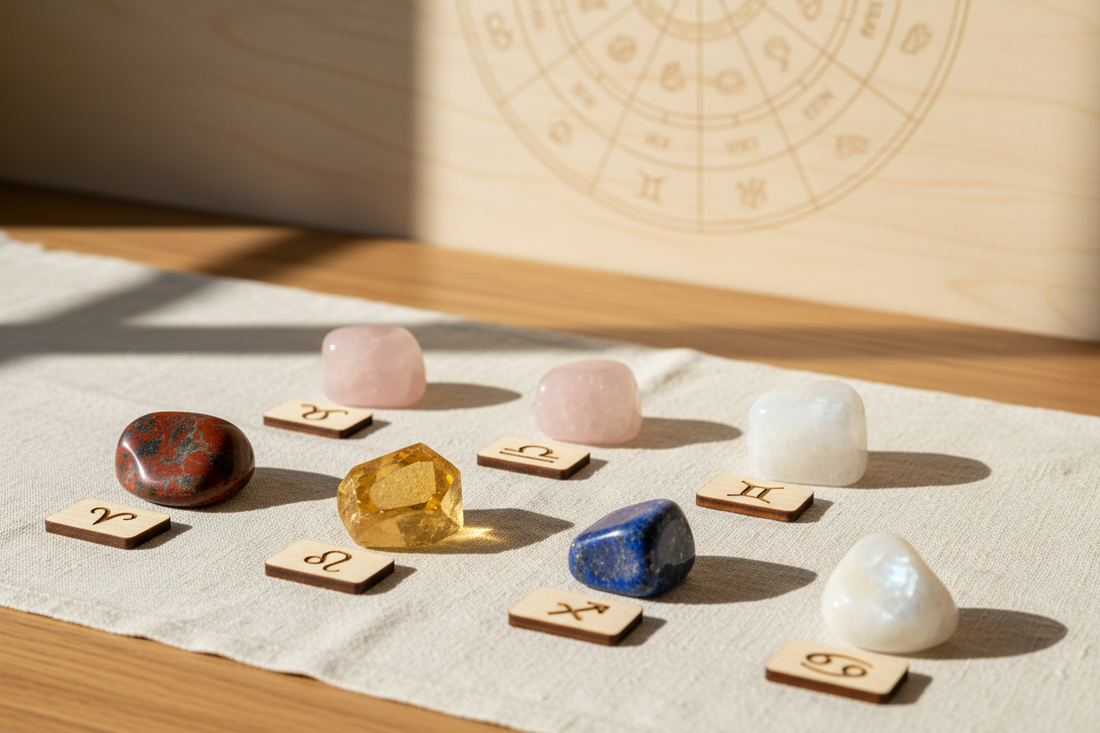 Smukke krystaller der passer til stjernetegn præsenteret med astrologiske symboler til spirituel inspiration