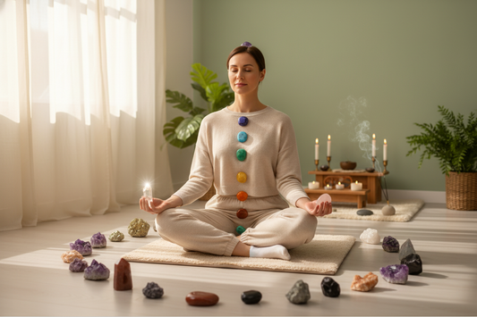 Kvinde laver chakra meditation derhjemme omgivet af krystaller og levende lys for indre ro